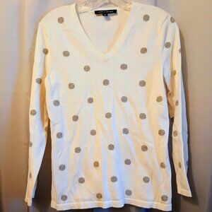 TOMMY HILFIGER V-neck Sweater Top M White Gray Polka Dot long sleeve Preppy EUC
